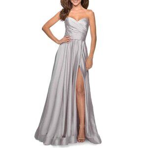 LA FEMME Strapless Slit Satin Ballgown in Silver Size US 2